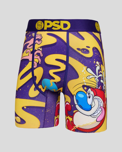 PSD boxer briefs with purple and yellow spiral pattern featuring Ren & Stimpy cartoon characters.
