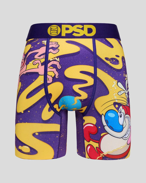 PSD boxer briefs with purple and yellow Ren & Stimpy cartoon characters and spiral design.