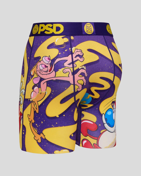 PSD boxer shorts with Ren & Stimpy cartoon characters and spiral design on purple and yellow background.