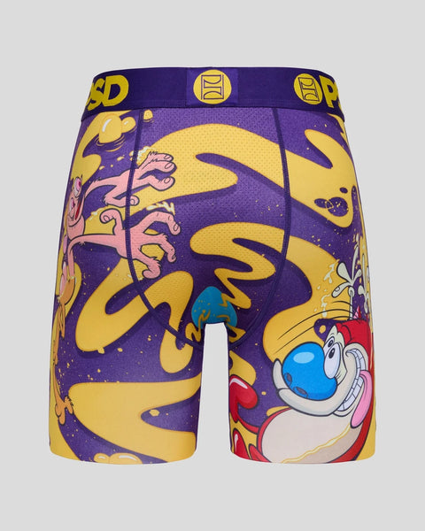 Purple and yellow shorts featuring Ren & Stimpy cartoon characters with spiral design and elastic waistband.