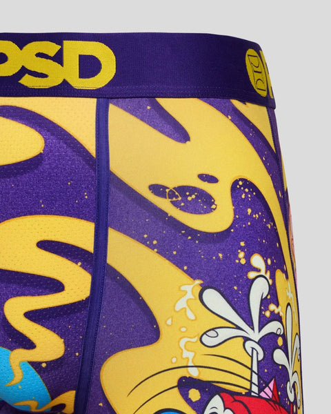 Purple and yellow Ren & Stimpy Spiral patterned fabric with cartoon character design and OSD branding.