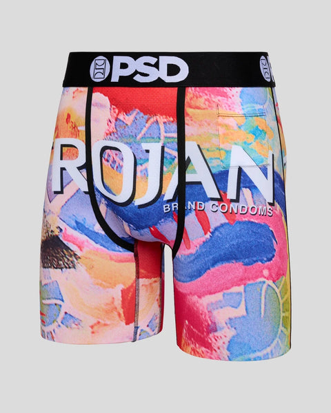 Colorful abstract patterned boxer briefs with black PSD waistband and 