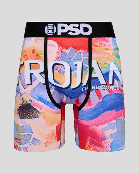 PSD boxer briefs with colorful abstract print, black waistband with logo, and red center panel.