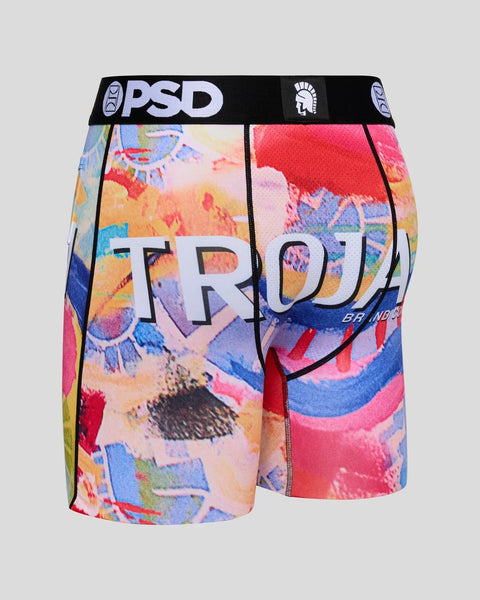 Men's boxer briefs with colorful abstract print, black PSD waistband, and center seam detail.