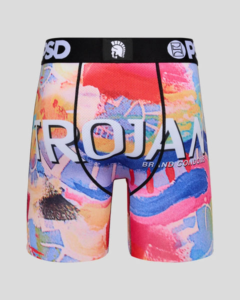 Trojan Nirvana HP boxer brief with colorful abstract watercolor print in red, pink, blue, and yellow tones.