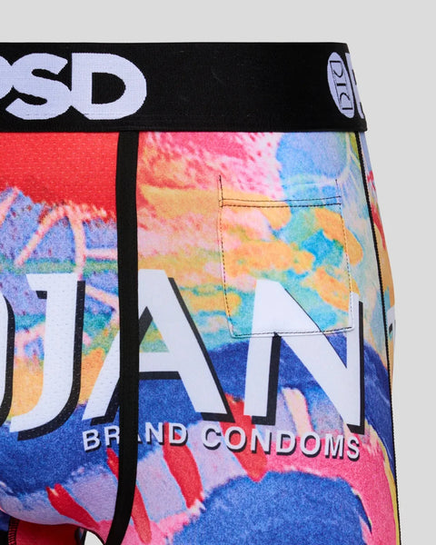 Trojan Nirvana HP condom box package with colorful abstract design and black waistband with branding.