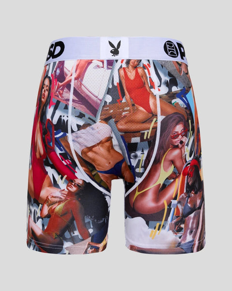 Playboy boxer briefs with all-over photographic print featuring models and Playboy bunny logo on white waistband.