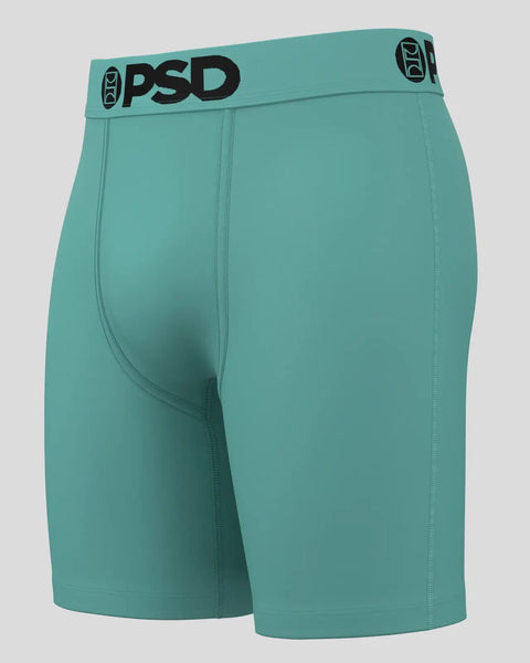 Teal men's boxer briefs with PSD waistband and center seam detailing.