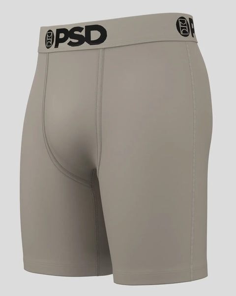 Beige PSD boxer briefs with black branded waistband and center seam stitching.