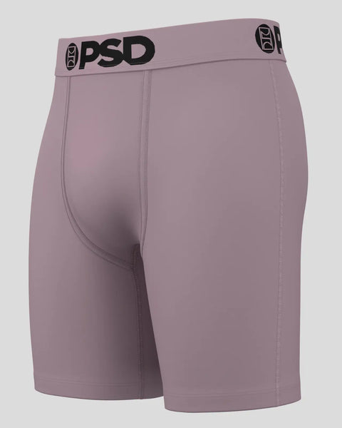 Mauve boxer briefs with black PSD waistband and center seam detail.
