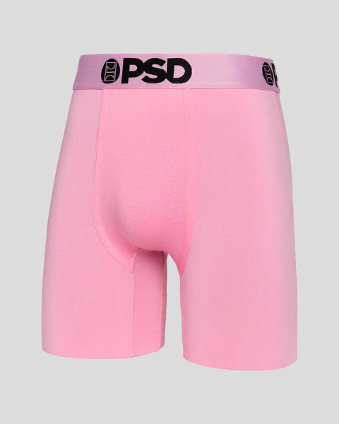Pink boxer briefs with PSD waistband and textured pouch front.
