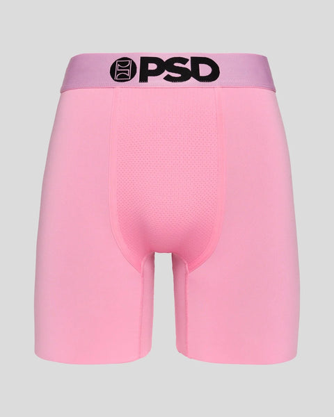 Pink boxer briefs with PSD waistband and textured pouch panel, shown from back view.