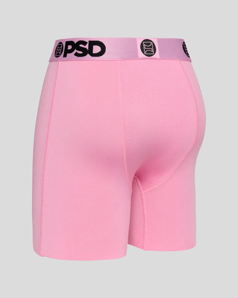 Pink boxer briefs with black PSD waistband and textured side panels.
