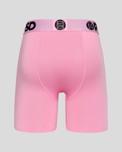 Pink boxer briefs with black branded waistband and textured front panel.