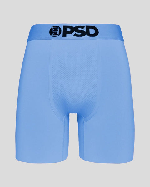 Light blue PSD brand boxer briefs with black logo waistband and textured pouch panel.