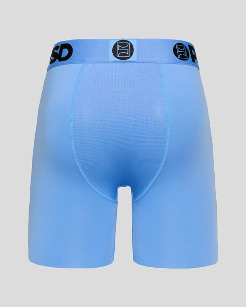 Blue boxer briefs with branded waistband and center seam detail, displayed from back view.