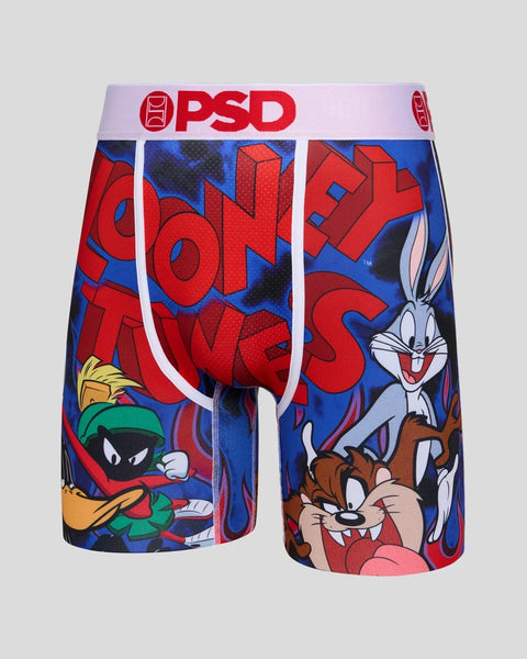 PSD boxer shorts with red and blue graphic featuring Looney Tunes characters and text design.
