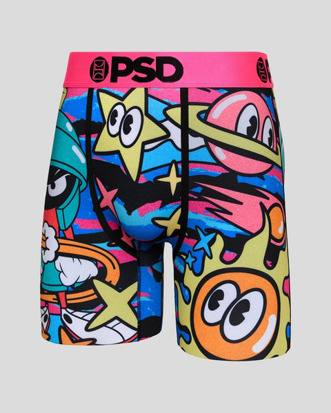 PSD boxer shorts with colorful cartoon characters, stars, and geometric shapes on pink waistband.