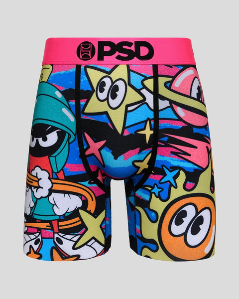 PSD boxer shorts with colorful Looney Tunes characters and stars on multicolor background.
