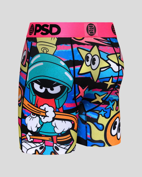 PSD boxer briefs featuring Marvin the Martian characters and colorful geometric patterns on black background with pink waistb
