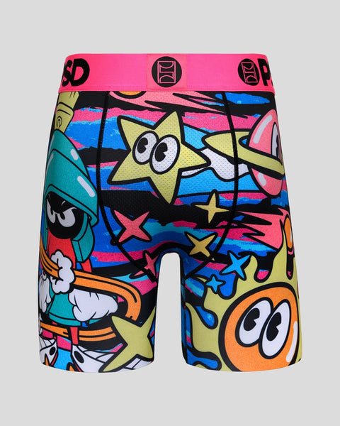 Colorful boxer shorts with Looney Tunes characters and stars on pink, blue, and yellow background with pink waistband.