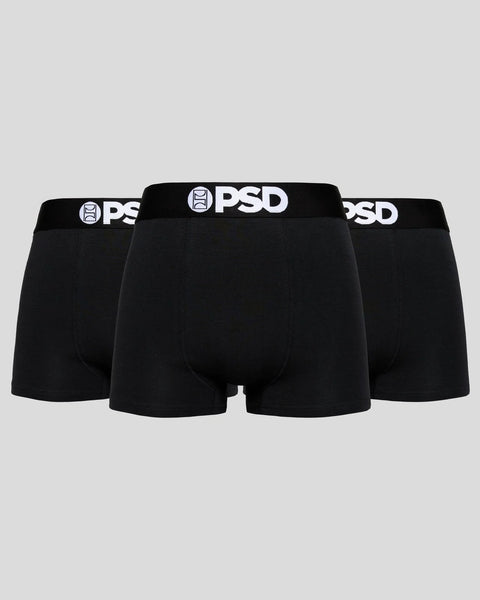 Three black boxer briefs with white PSD waistbands displayed side by side.