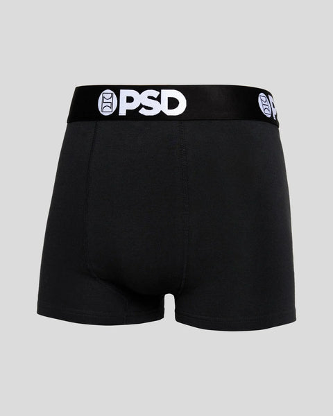 Black boxer briefs with PSD branded waistband and center seam detail.