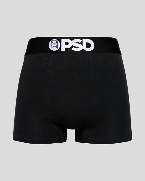 Black boxer briefs with PSD branded waistband, shown as single pair from three-pack set.