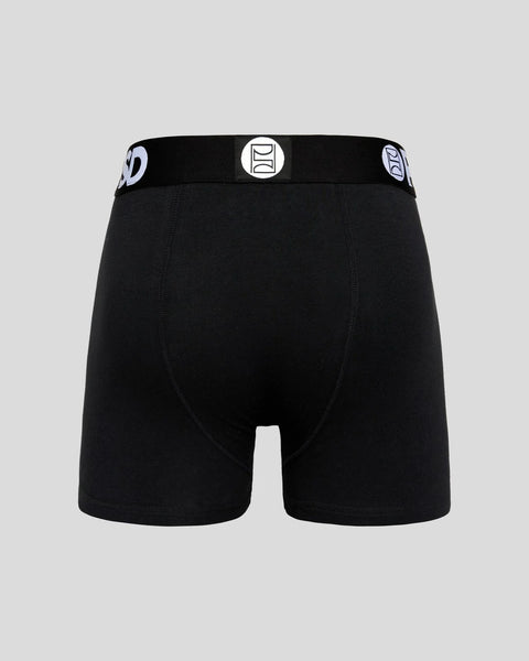 Black boxer briefs with white branded waistband and side logo details, shown from back view.