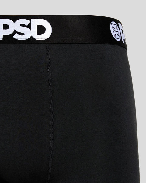 Black underwear with PSD branded waistband featuring white logo text and blue accent mark.