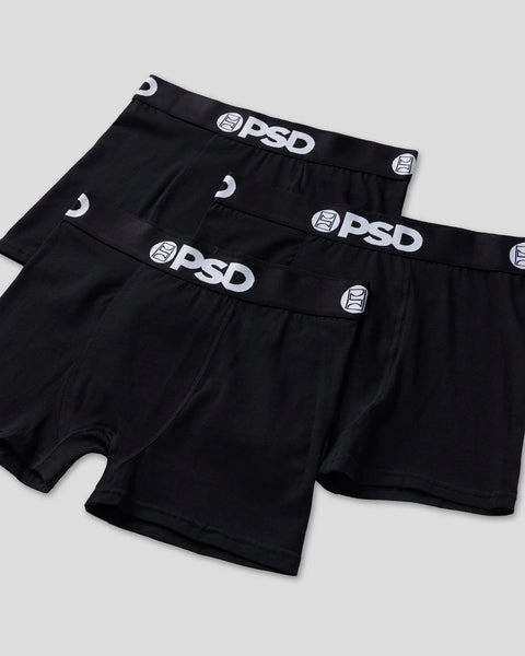 Three black boxer briefs with white PSD branding and logo on waistbands.
