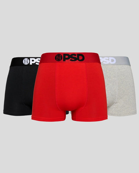 Three boxer briefs in black, red, and gray heather with PSD branded waistbands.