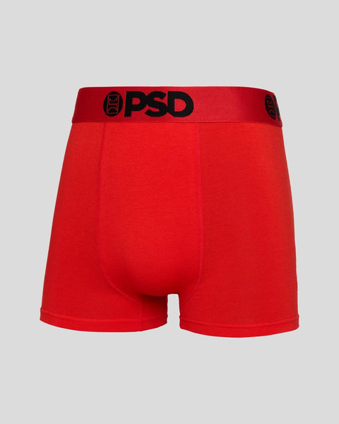 Red boxer briefs with dark waistband and PSD branding, shown from back view.