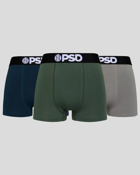 Three boxer briefs in navy, olive green, and gray with black PSD waistbands.