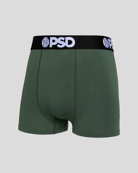 Green boxer brief with black PSD waistband and center seam detail.