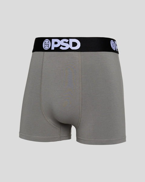 Gray boxer brief with black PSD waistband and logo on front.