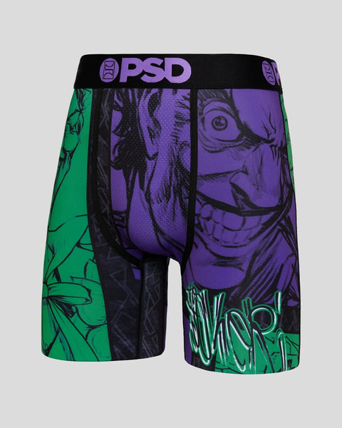 PSD boxer briefs with split design featuring purple and green Joker character graphics and black waistband.