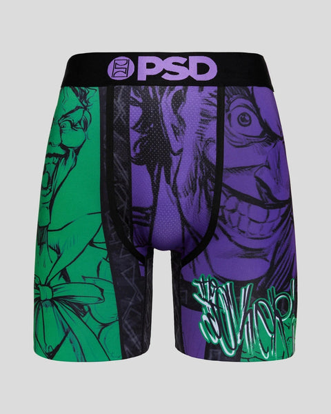 PSD boxer briefs with split green and purple panels featuring Joker character artwork and black waistband.