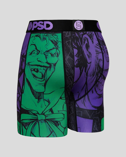 PSD boxer briefs with split design featuring green and purple Joker character illustrations and black waistband.