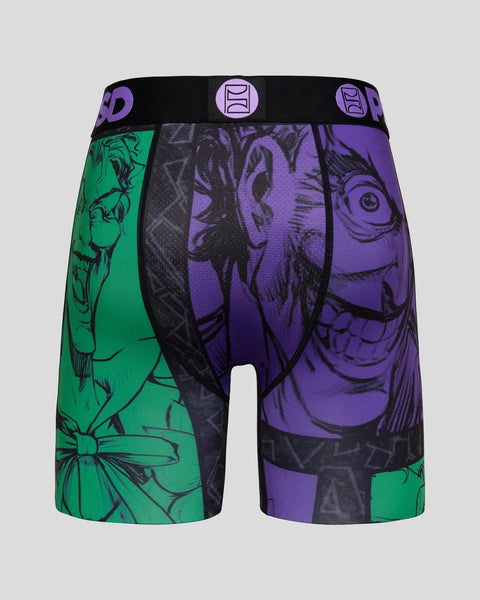Boxer briefs with split green and purple panels featuring Joker character artwork and black waistband.