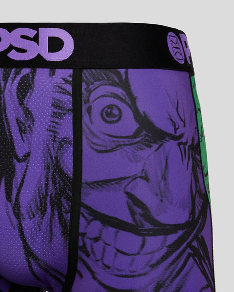 Purple and black split-design underwear with graphic character illustration and 