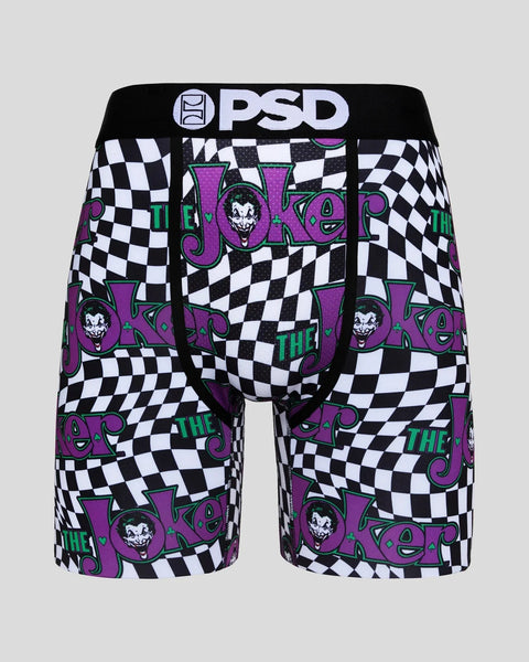 PSD underwear with black and white checkerboard pattern, purple Joker characters, and "THE JOKER" text throughout.