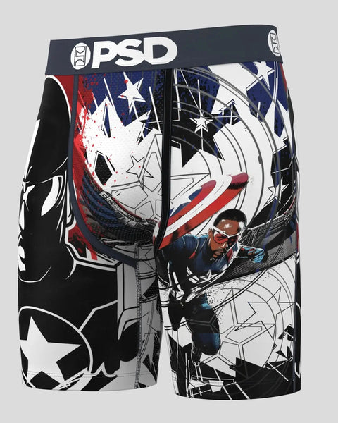 PSD brand men's boxer shorts featuring Falcon Captain America character artwork in navy, red, and white.