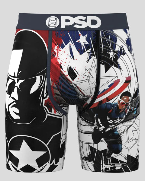 PSD branded black shorts featuring Falcon Captain America character graphics in red, white, and blue.