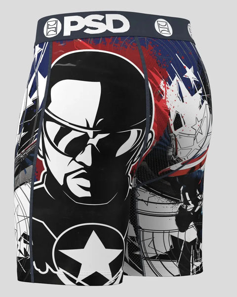 PSD brand boxer briefs with Falcon Captain America character graphic in black, red, white and blue.