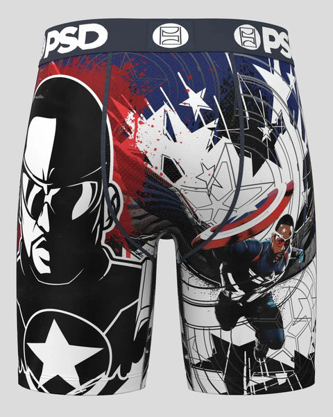 PSD brand boxer shorts with Falcon and Captain America character graphics in red, white, and navy blue.