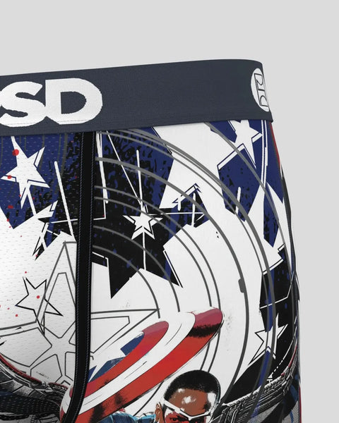 Navy baseball cap with white and red Marvel Falcon design, stars, and geometric patterns printed on front and sides.