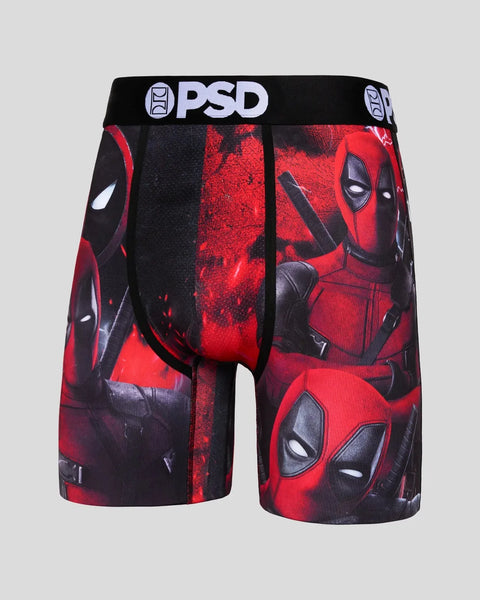 PSD brand red and black Deadpool character print boxer shorts with white logo waistband.