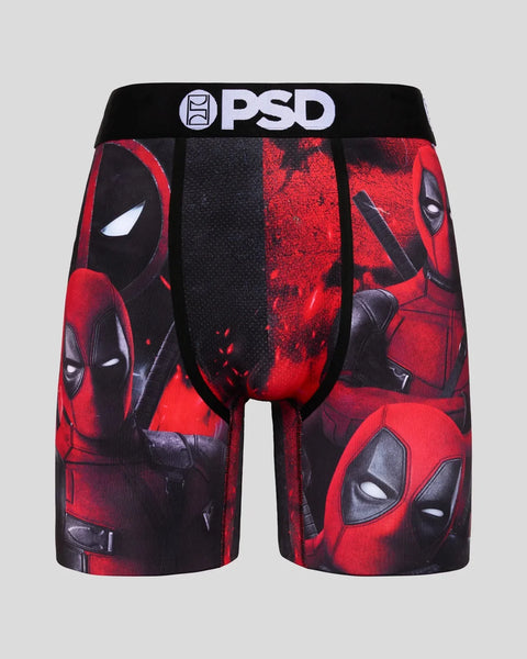 Red and black Deadpool character print boxer shorts with PSD waistband.
