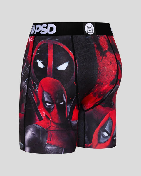 PSD brand boxer shorts with red and black Deadpool character print and white waistband logo.